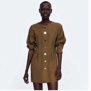 Zara Khaki Olive Army Green PLEATED DRESS WITH BUTTONS